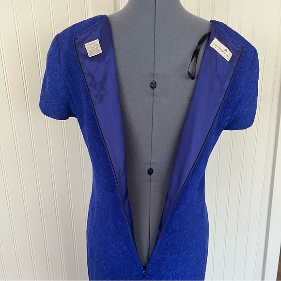 Vintage Royal Blue Silk Mini Dress Scoop Neck Floral Brocade Textured Size 10 - Picture 3 of 12